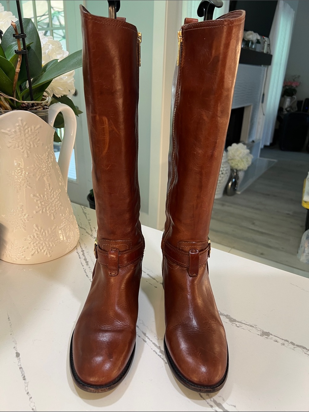 Tory Burch Chestnut Leather Riding Boots with Gold Logo Buckle size 7 - Picture 3 of 16